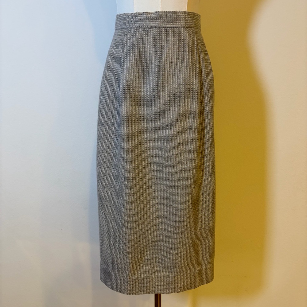 Vintage Grey Wool Blend Midi Pencil Skirt with Pockets - Size 12 (Est)